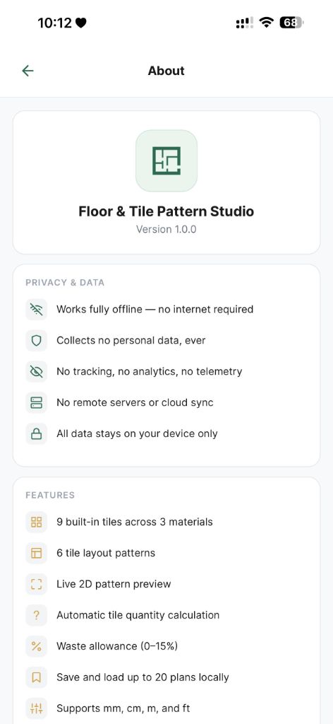 About screen showing app features and privacy information