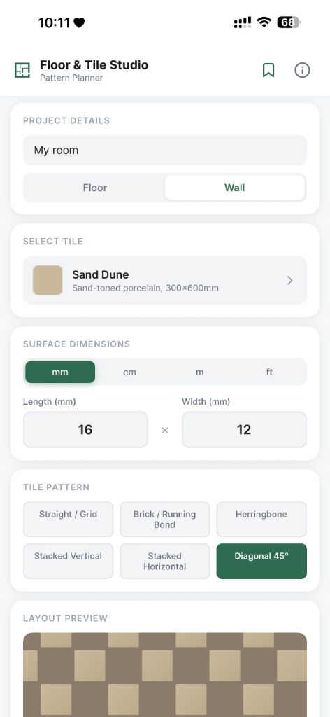 Floor and Tile Pattern Studio main planner screen showing diagonal tile pattern preview