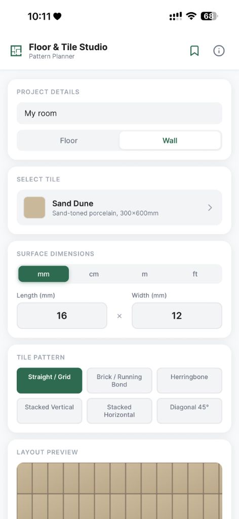 Main planner screen with straight grid tile pattern layout